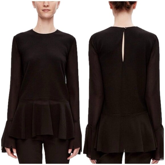 Theory Lexanda C Idol Bell-Sleeve Peplum Blouse Top Wool Silk  Black Small NWOT - Picture 1 of 10
